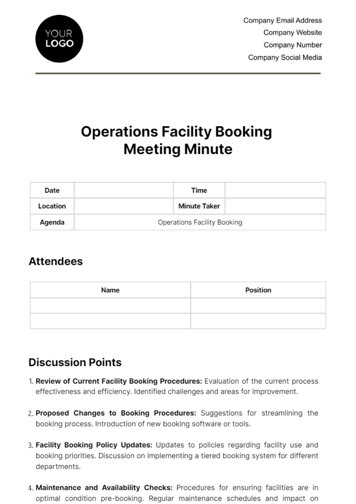 Operations Facility Booking Meeting Minute Template