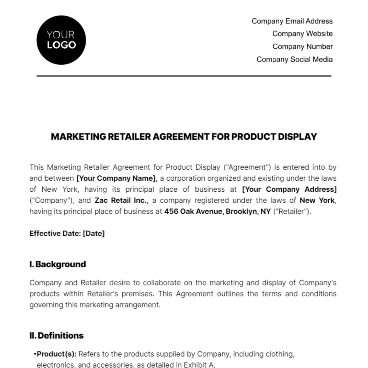 Marketing Retailer Agreement for Product Display Template