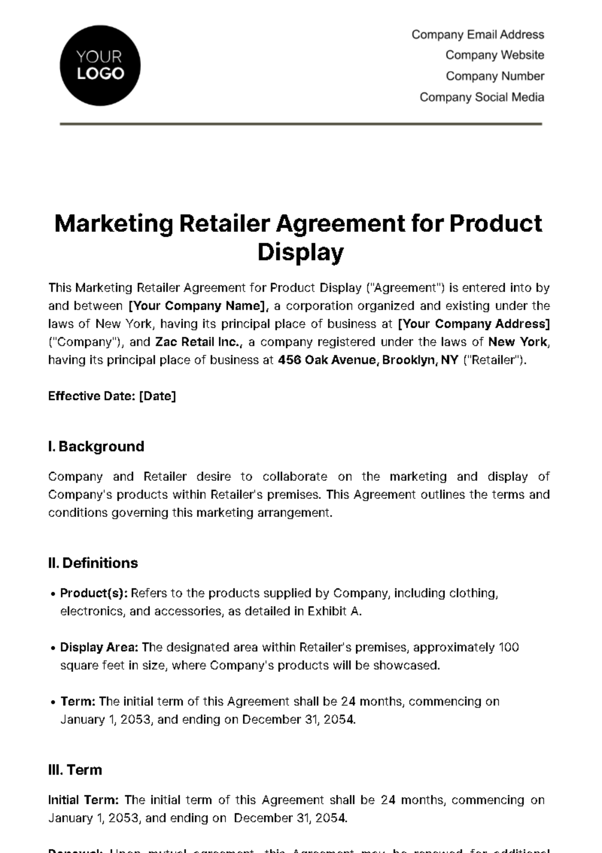 Free Marketing Retailer Agreement for Product Display Template
