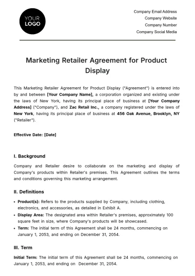 Free Marketing Retailer Agreement for Product Display Template to Edit Online