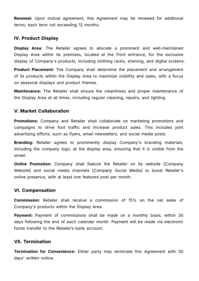 Free Marketing Retailer Agreement for Product Display Template to Edit Online
