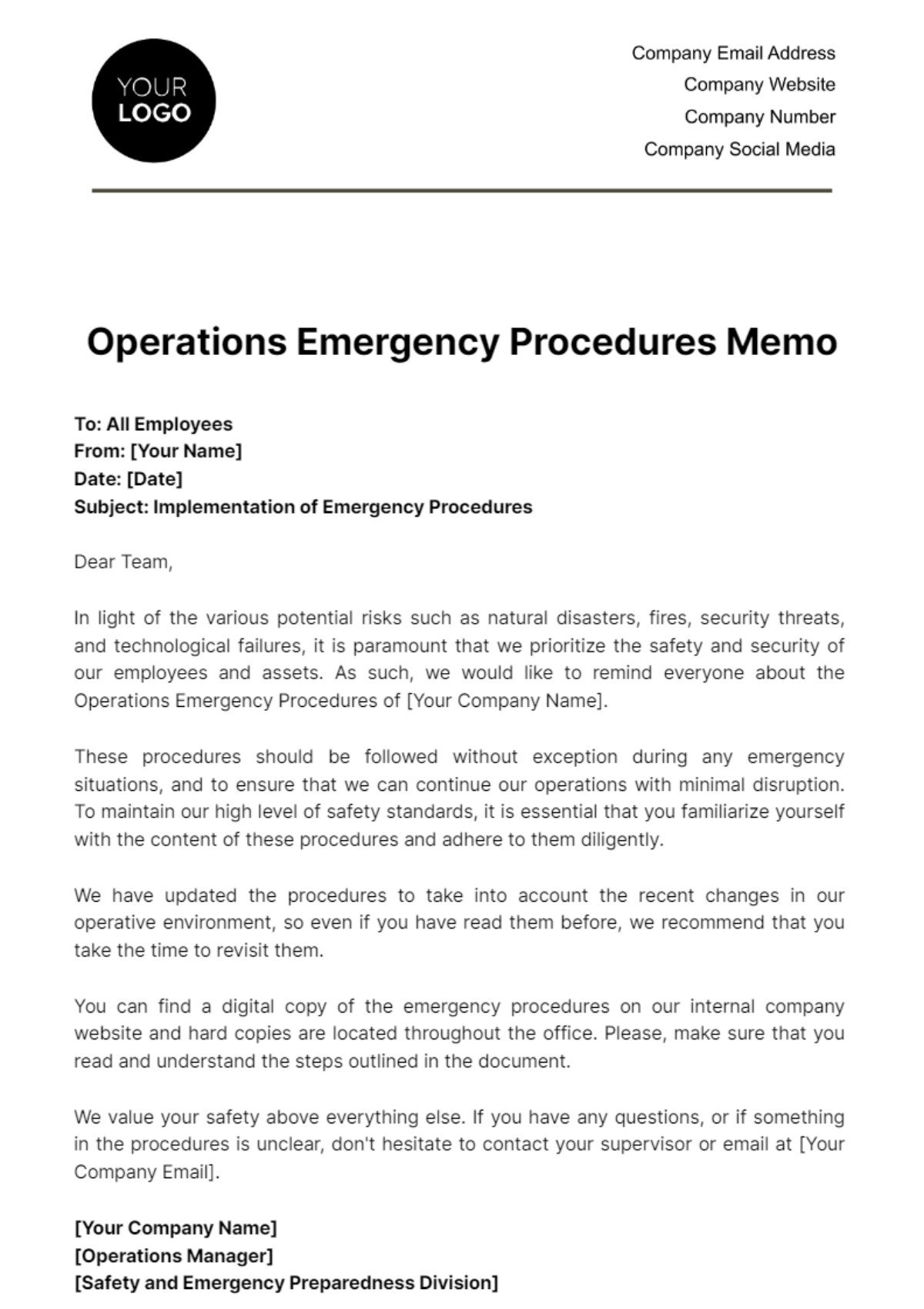 Free Operations Emergency Procedures Memo Template