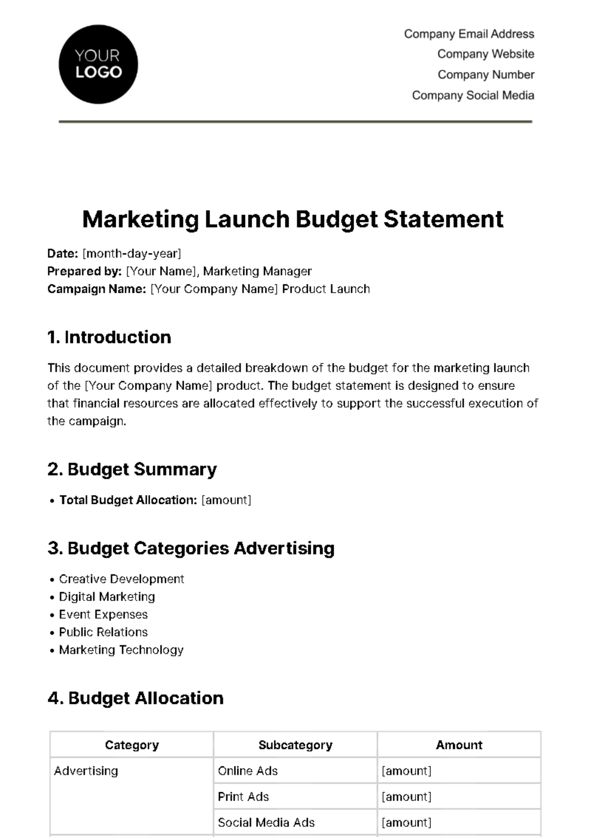 Free Marketing Launch Budget Statement Template