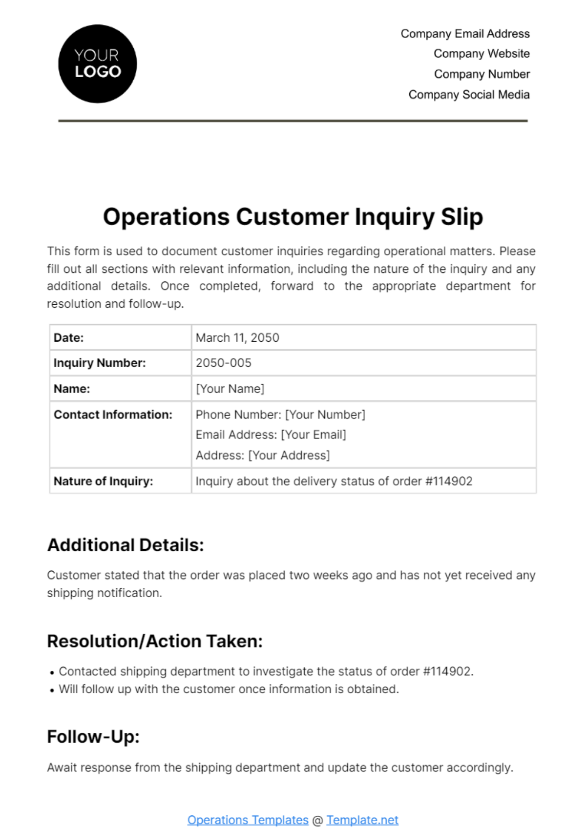 Free Operations Customer Inquiry Slip Template