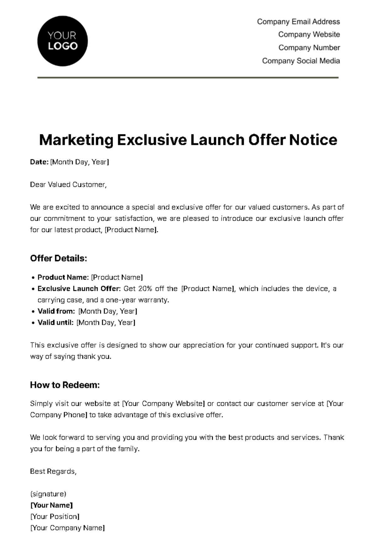 Free Marketing Exclusive Launch Offer Notice Template