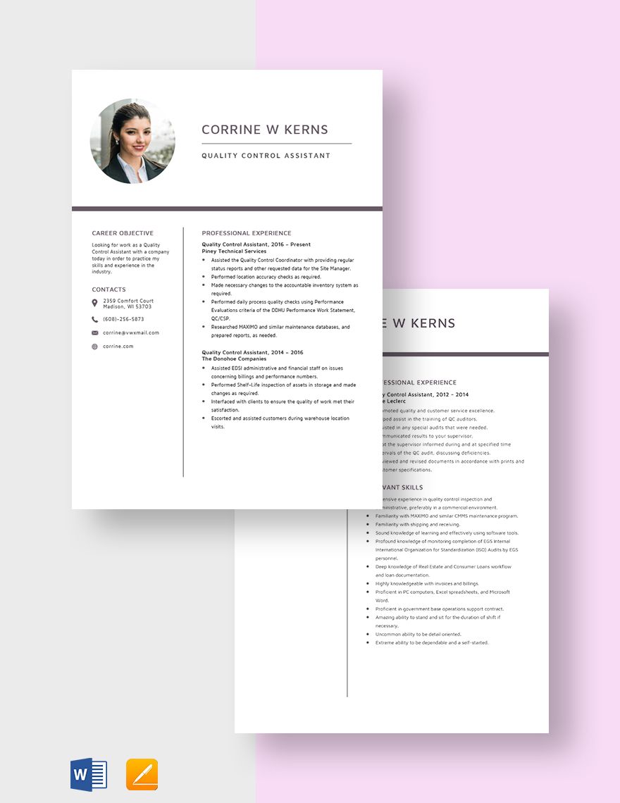 Quality Control Assistant Resume
