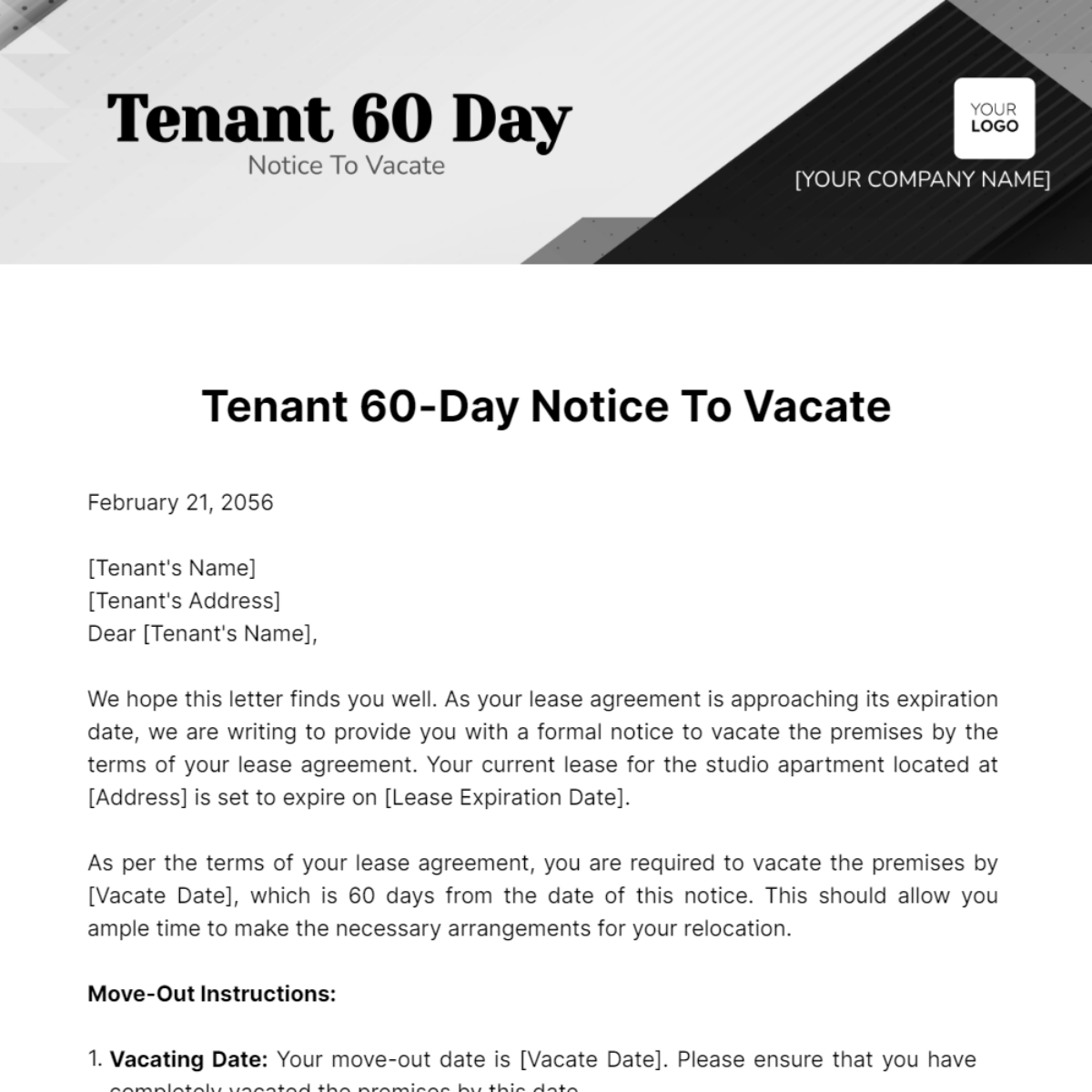 Free Tenant 60 Day Notice To Vacate Template