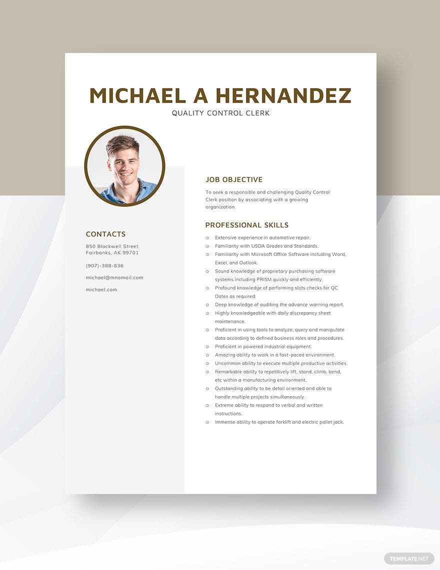 Free Quality Control Clerk Resume Template