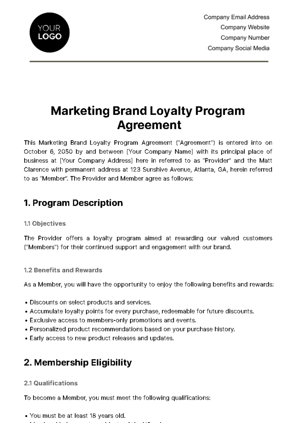Marketing Brand Loyalty Program Agreement Template