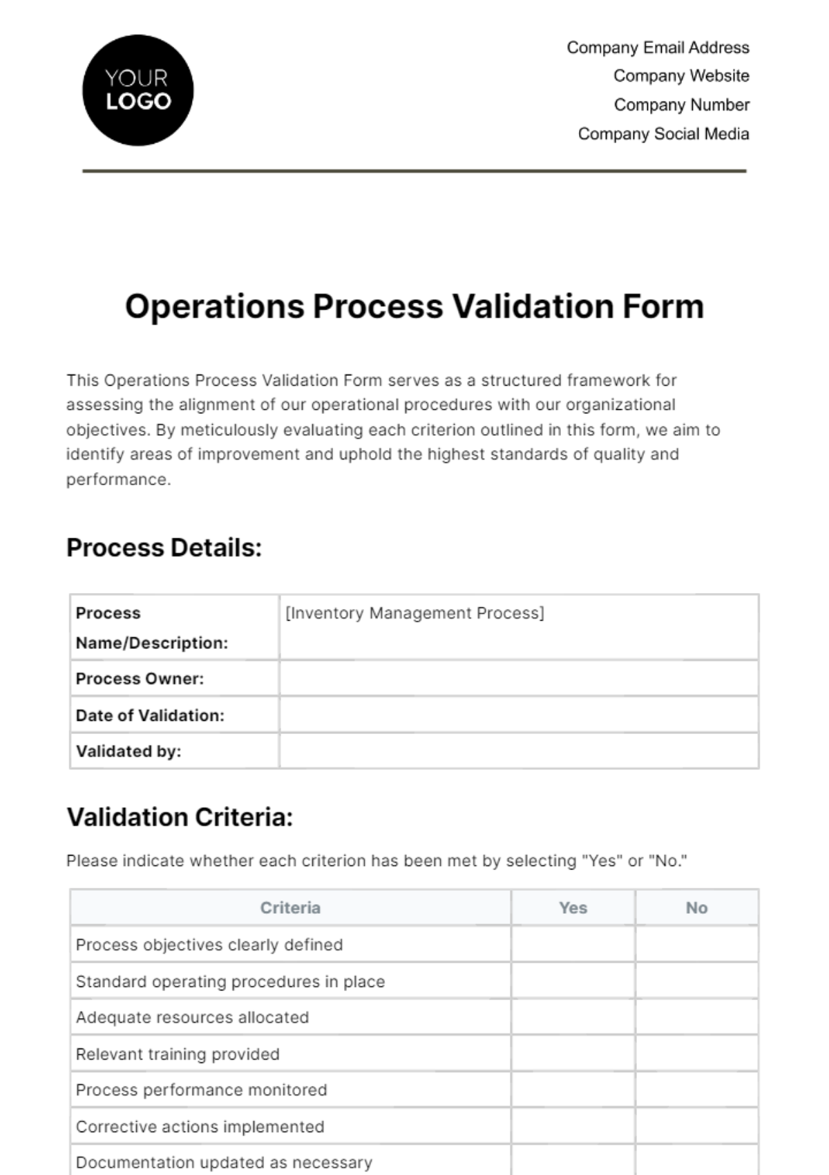 Free Operations Process Validation Form Template