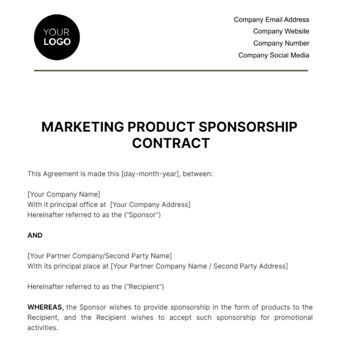 Marketing Product Sponsorship Contract Template - Edit Online & Download