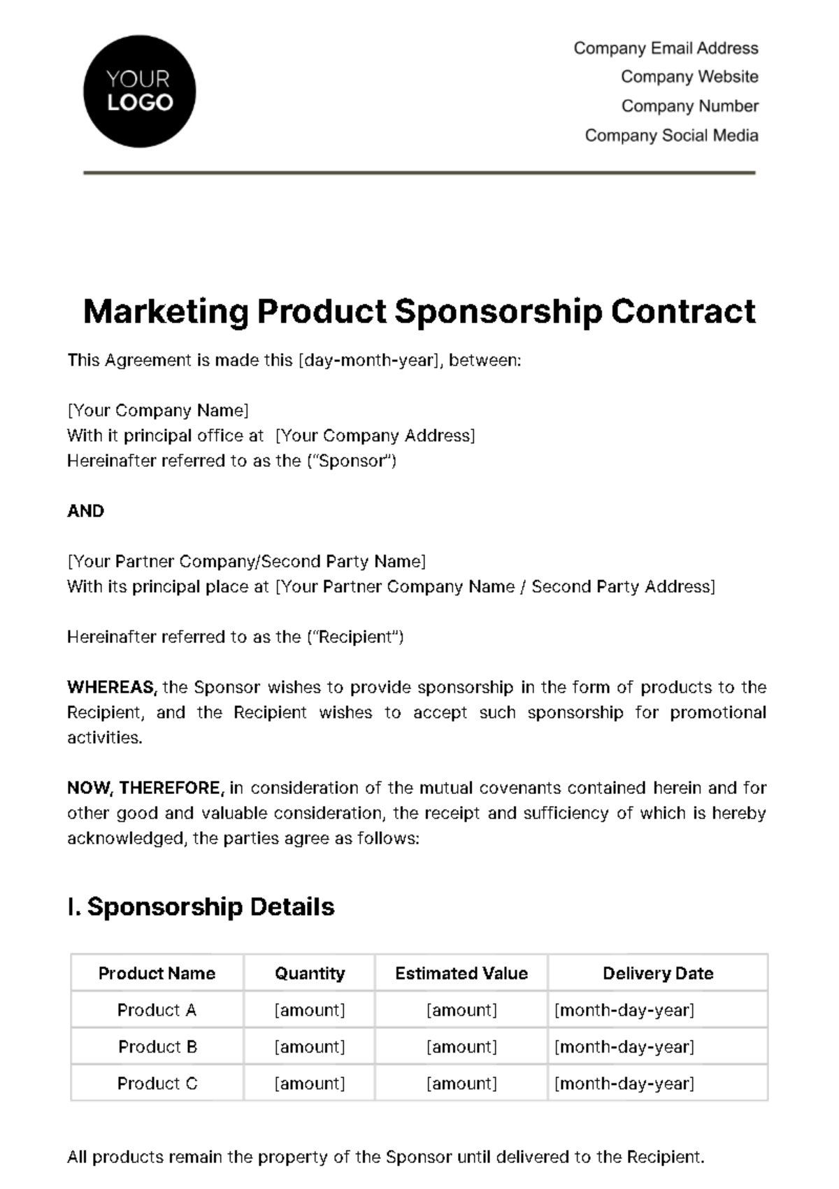 Free Marketing Product Sponsorship Contract Template