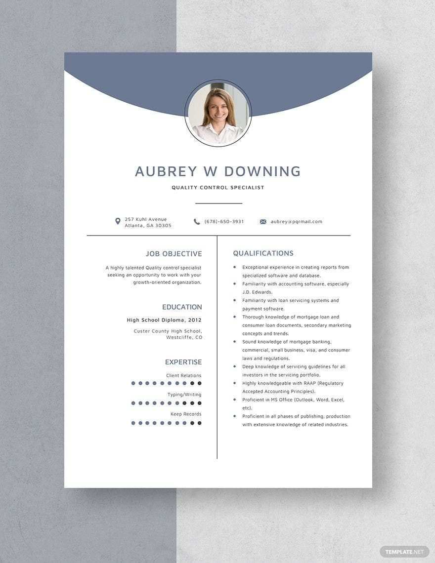 Quality Control Specialist Resume Template