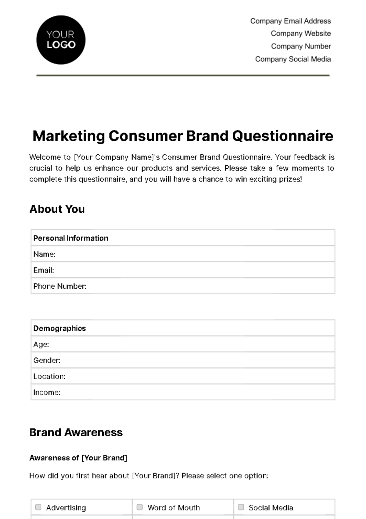 Free Marketing Consumer Brand Questionnaire Template