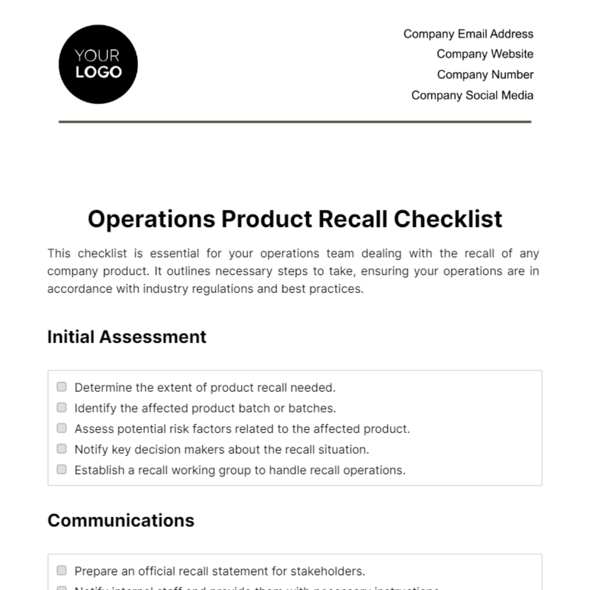 Operations Product Recall Checklist Template - Edit Online & Download ...