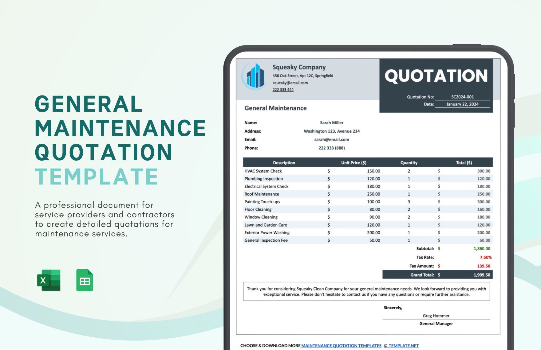 Free General Maintenance Quotation Template in Excel, Google Sheets