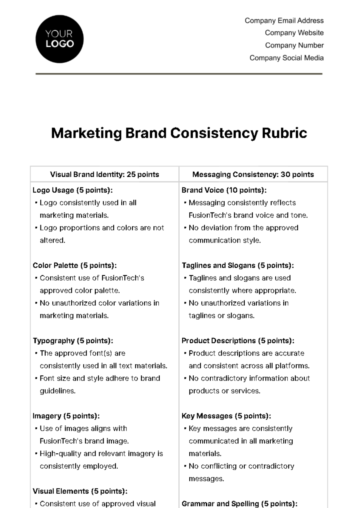 Free Marketing Brand Consistency Rubric Template