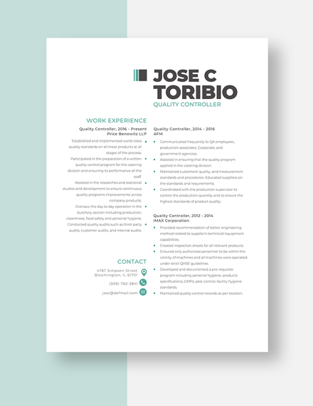 Quality Controller Resume Template