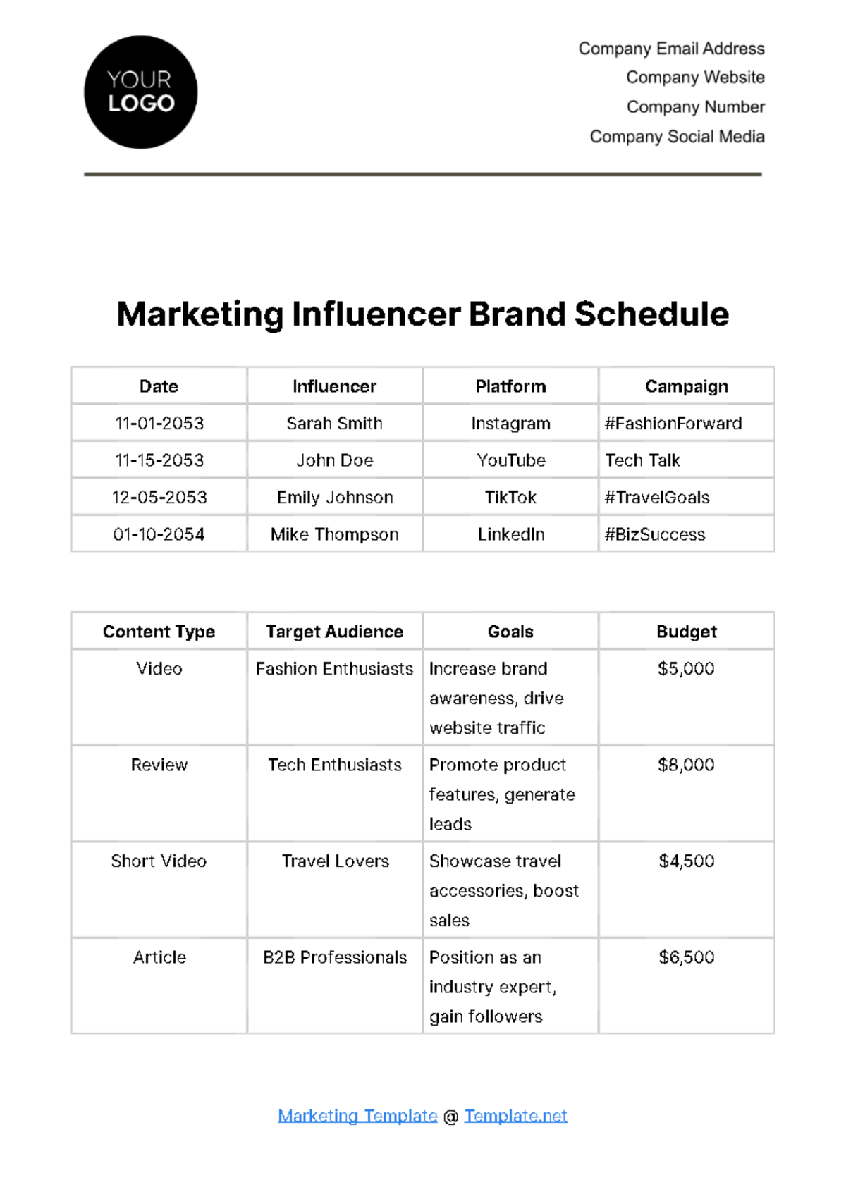 Marketing Influencer Brand Schedule Template