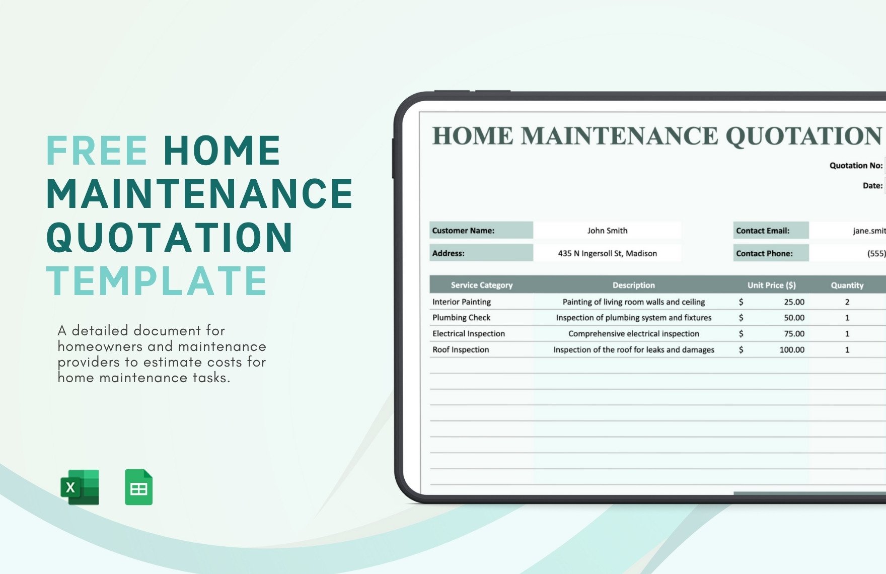 Maintenance Quotation Template in Google Sheets