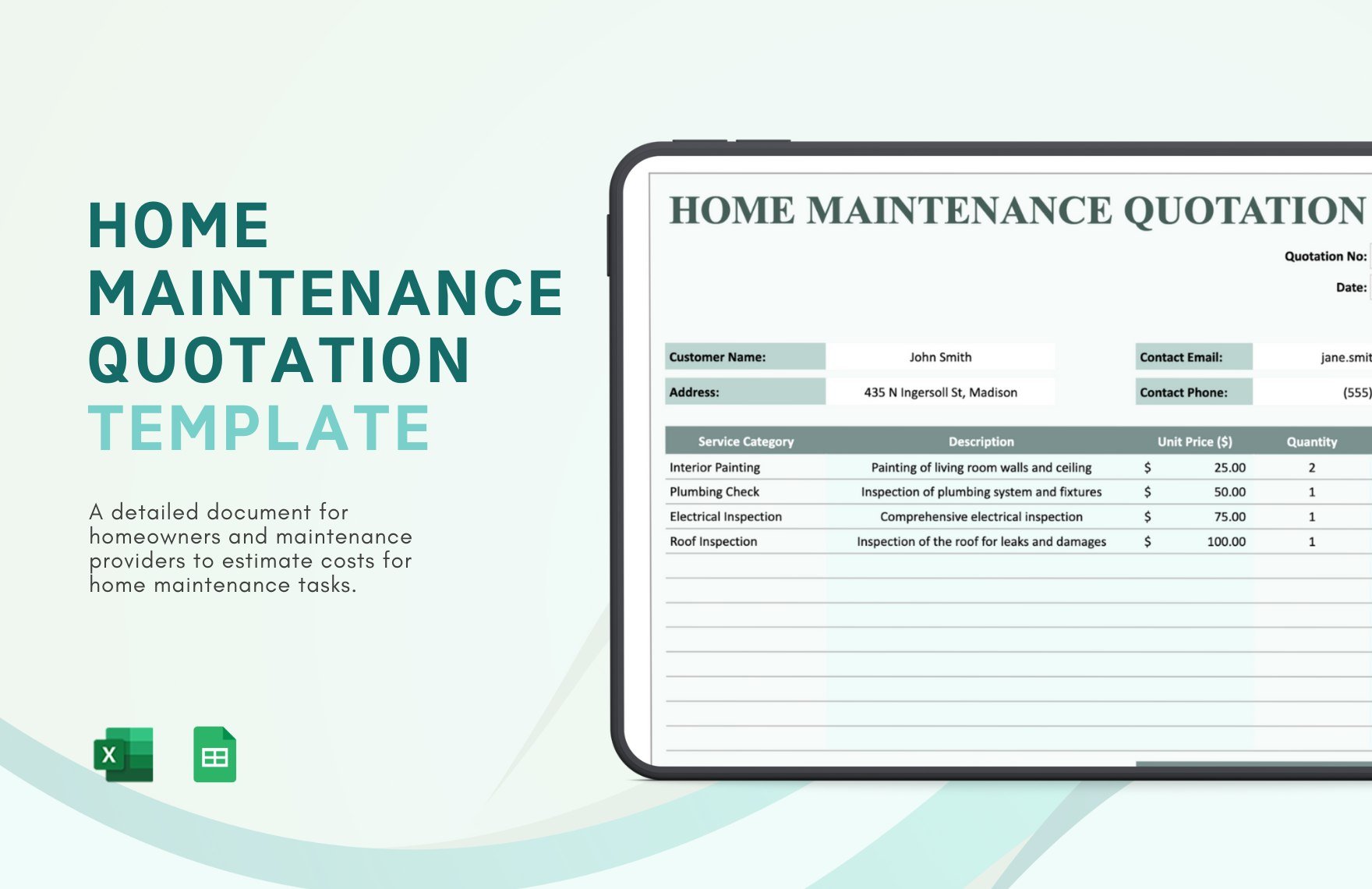 Free Home Maintenance Quotation Template in Excel, Google Sheets