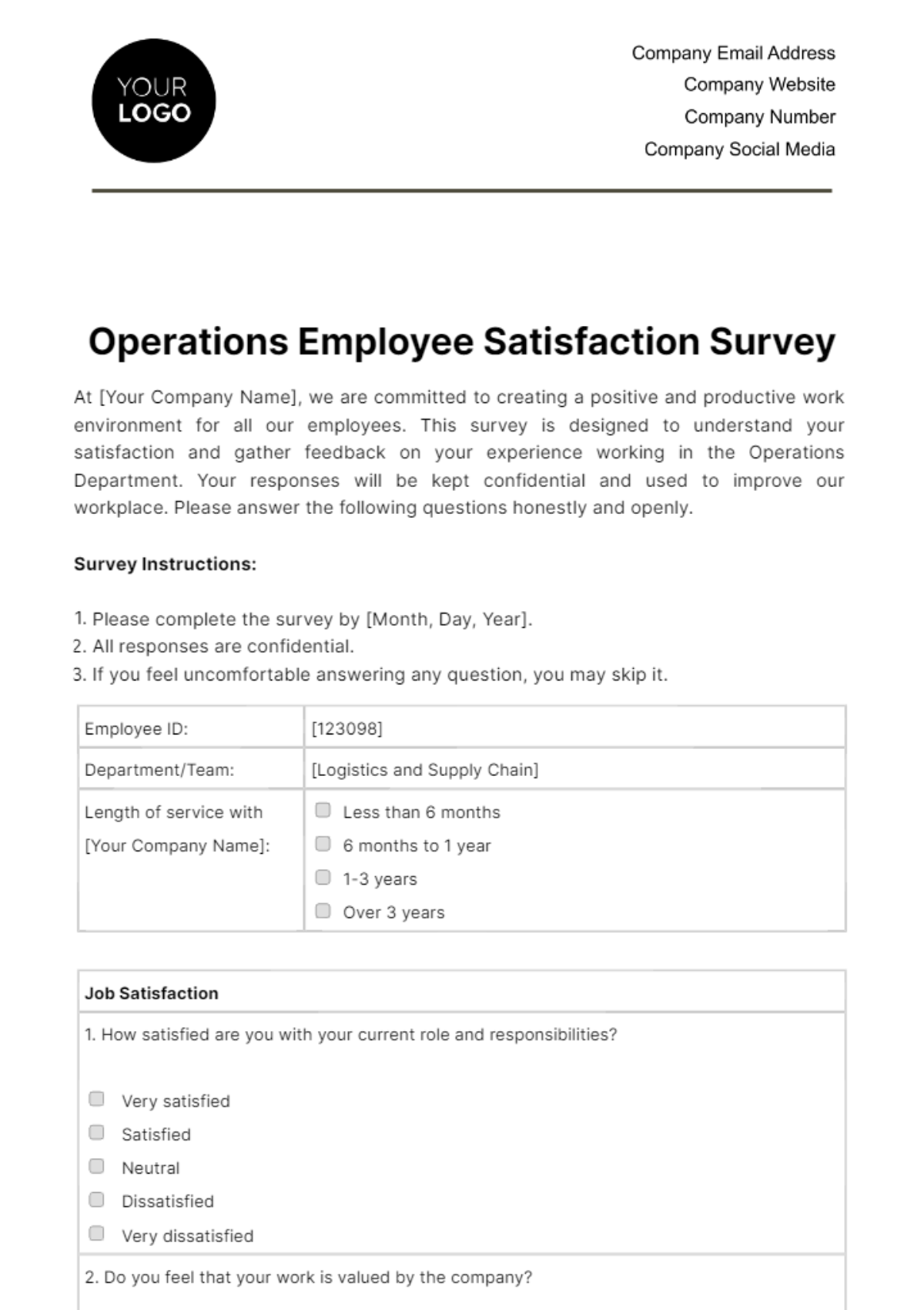 Operations Employee Satisfaction Survey Template - Edit Online & Download