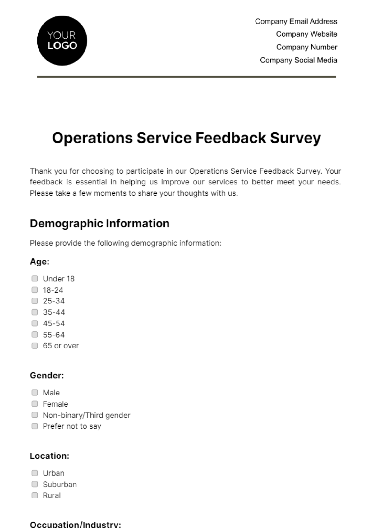 Free Operations Service Feedback Survey Template