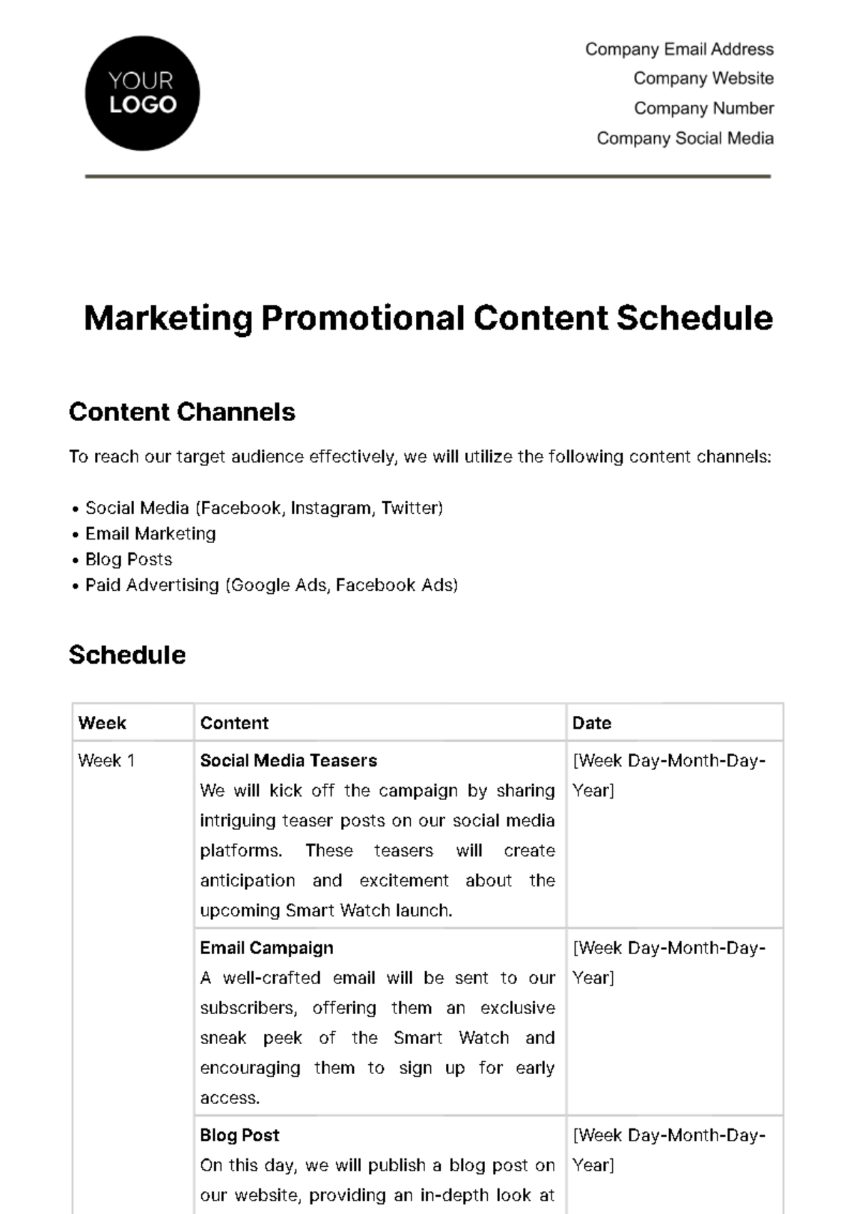 Free Marketing Promotional Content Schedule Template