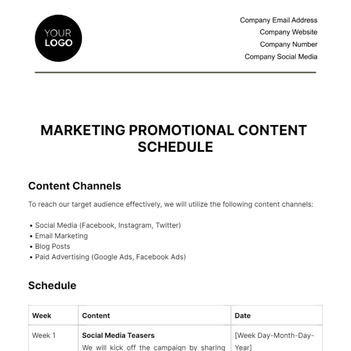 Marketing Promotional Content Schedule Template