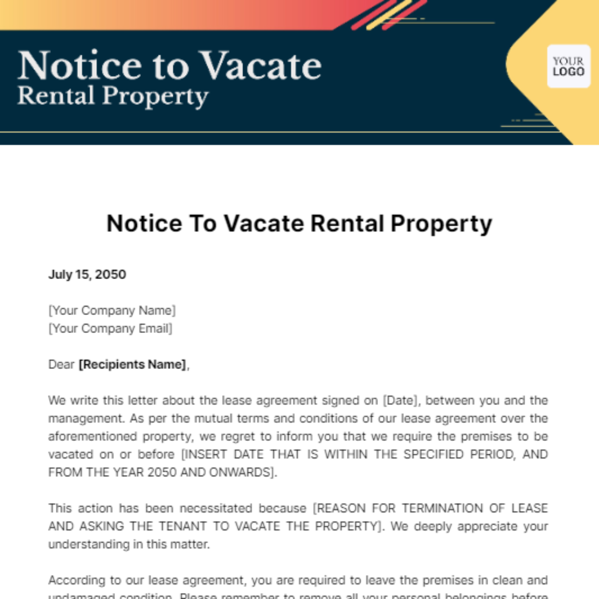 Notice To Vacate Rental Property Template