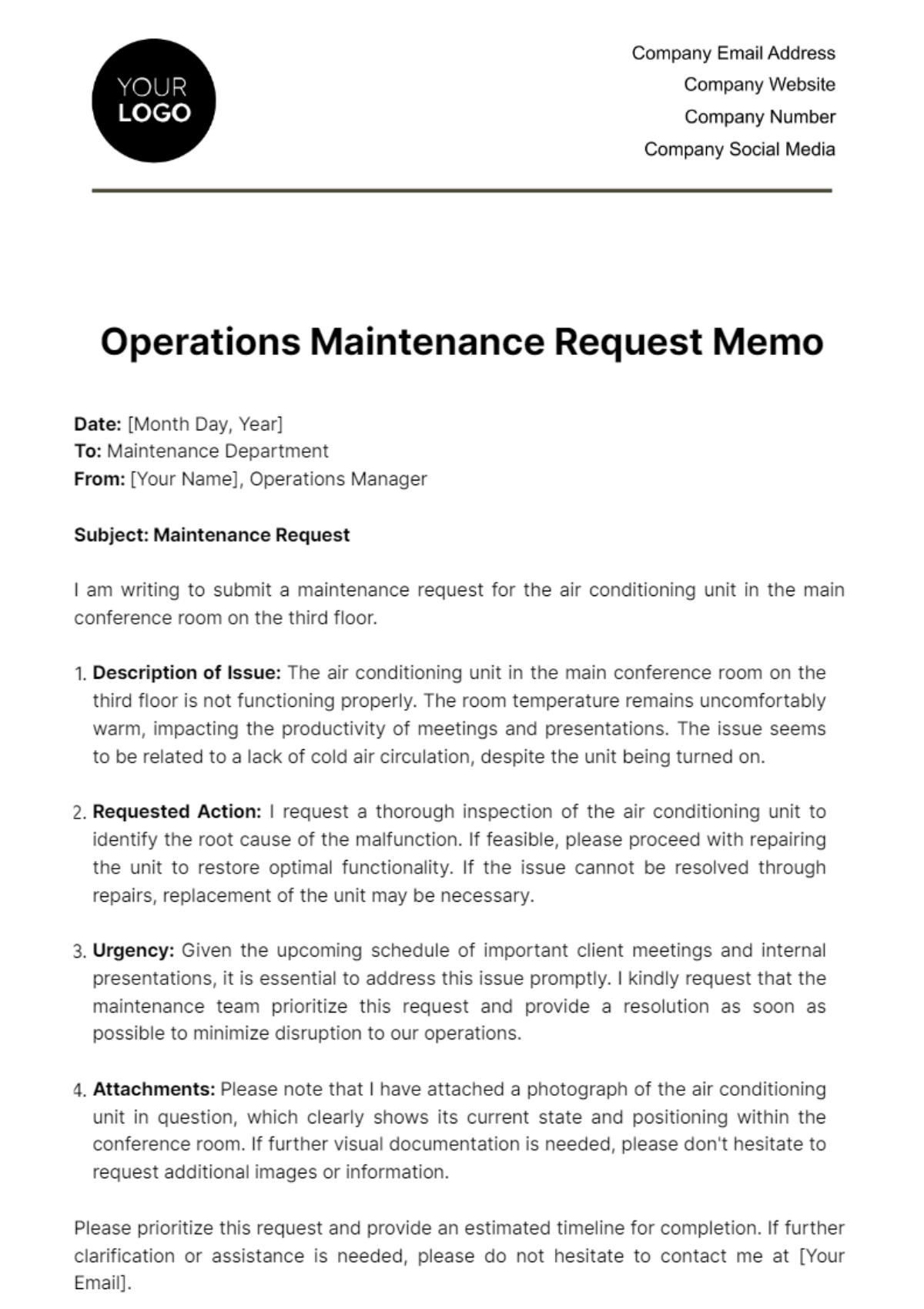 Operations Maintenance Request Memo Template