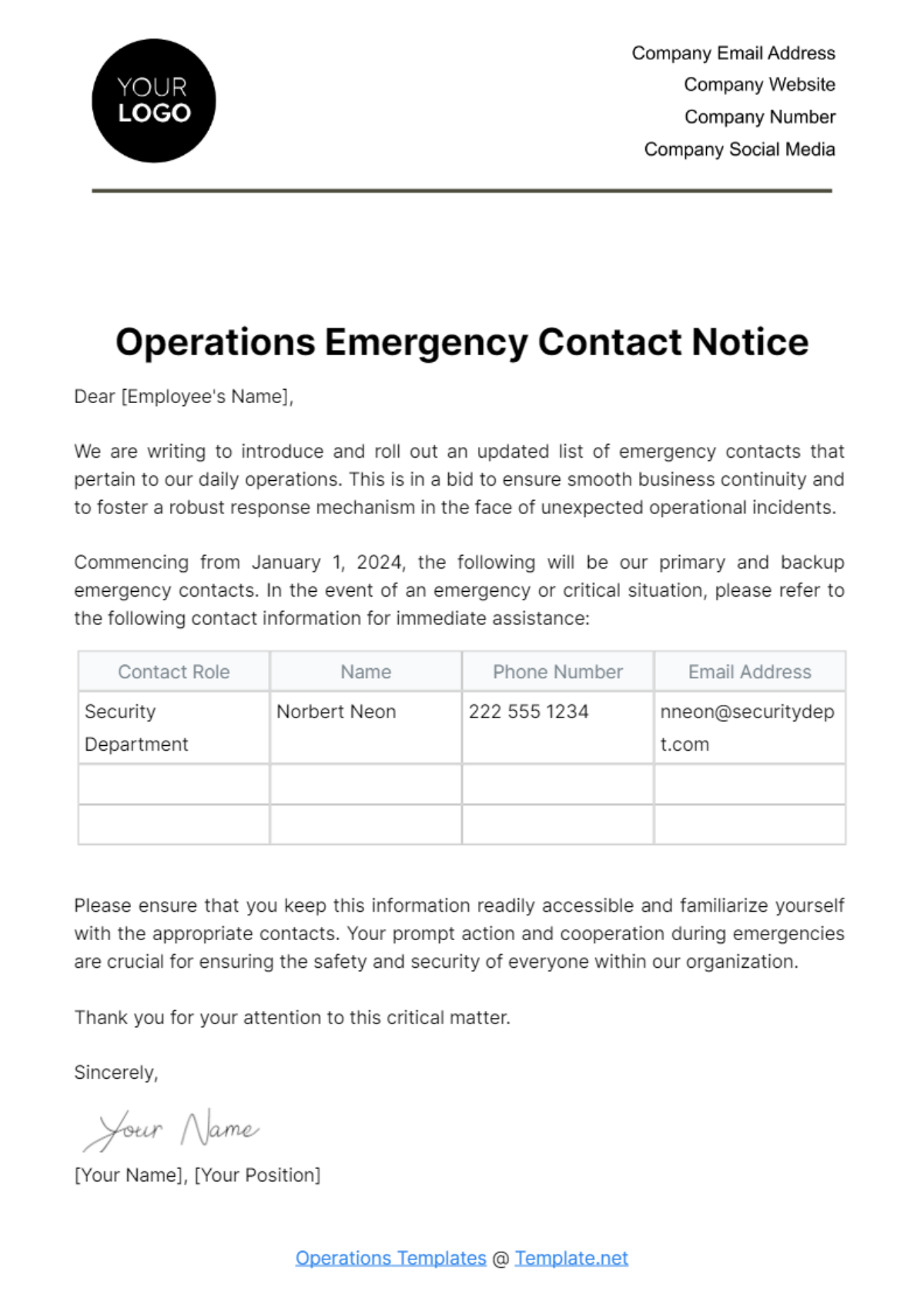 Free Operations Emergency Contact Notice Template