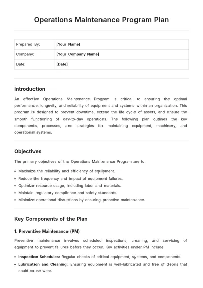 Free Operations Maintenance Program Plan Template to Edit Online