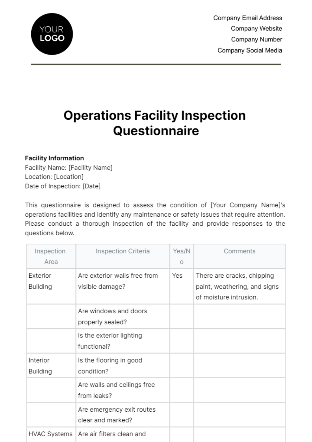 Free Operations Facility Inspection Questionnaire Template
