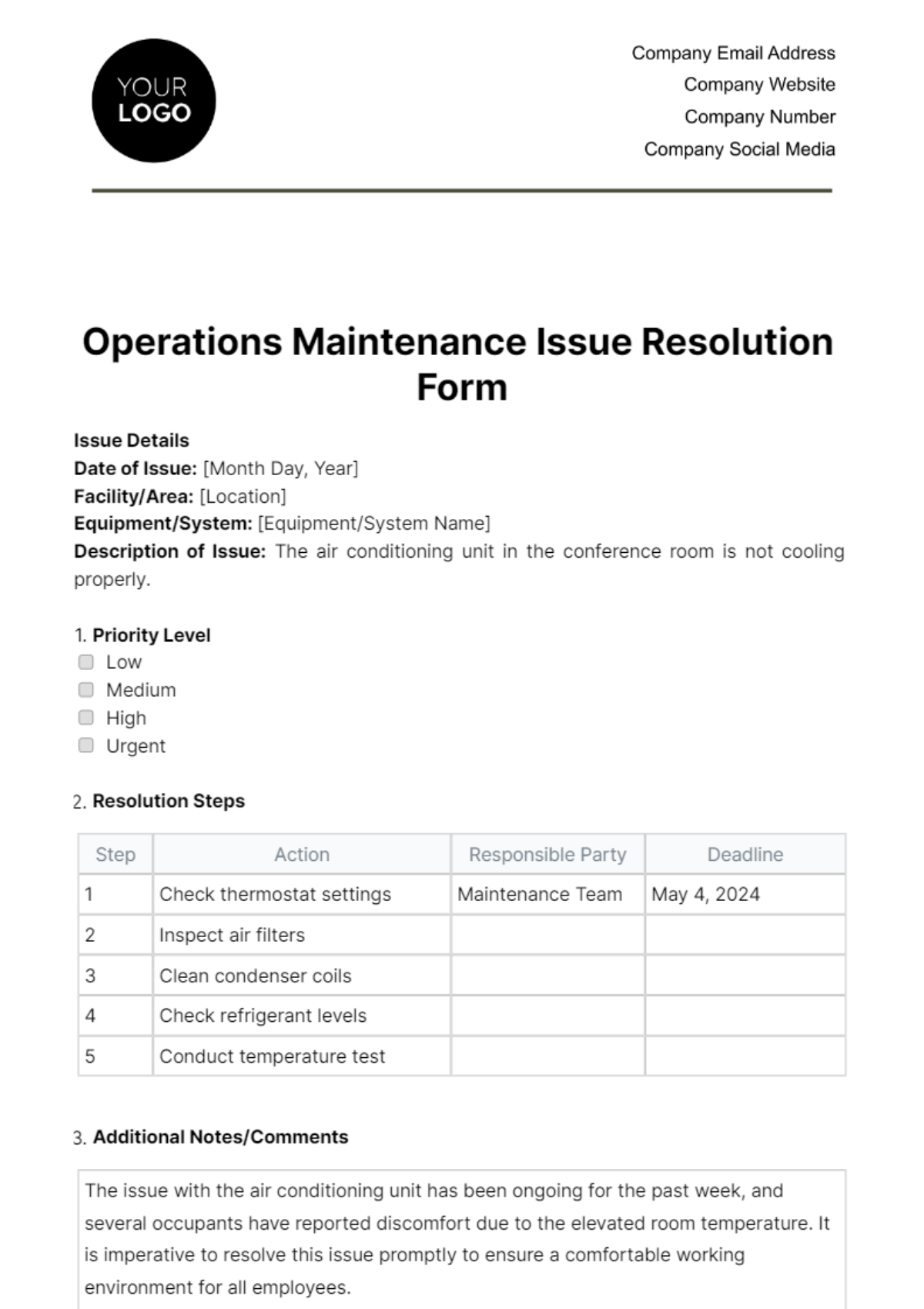 Operations Maintenance Issue Resolution Form Template
