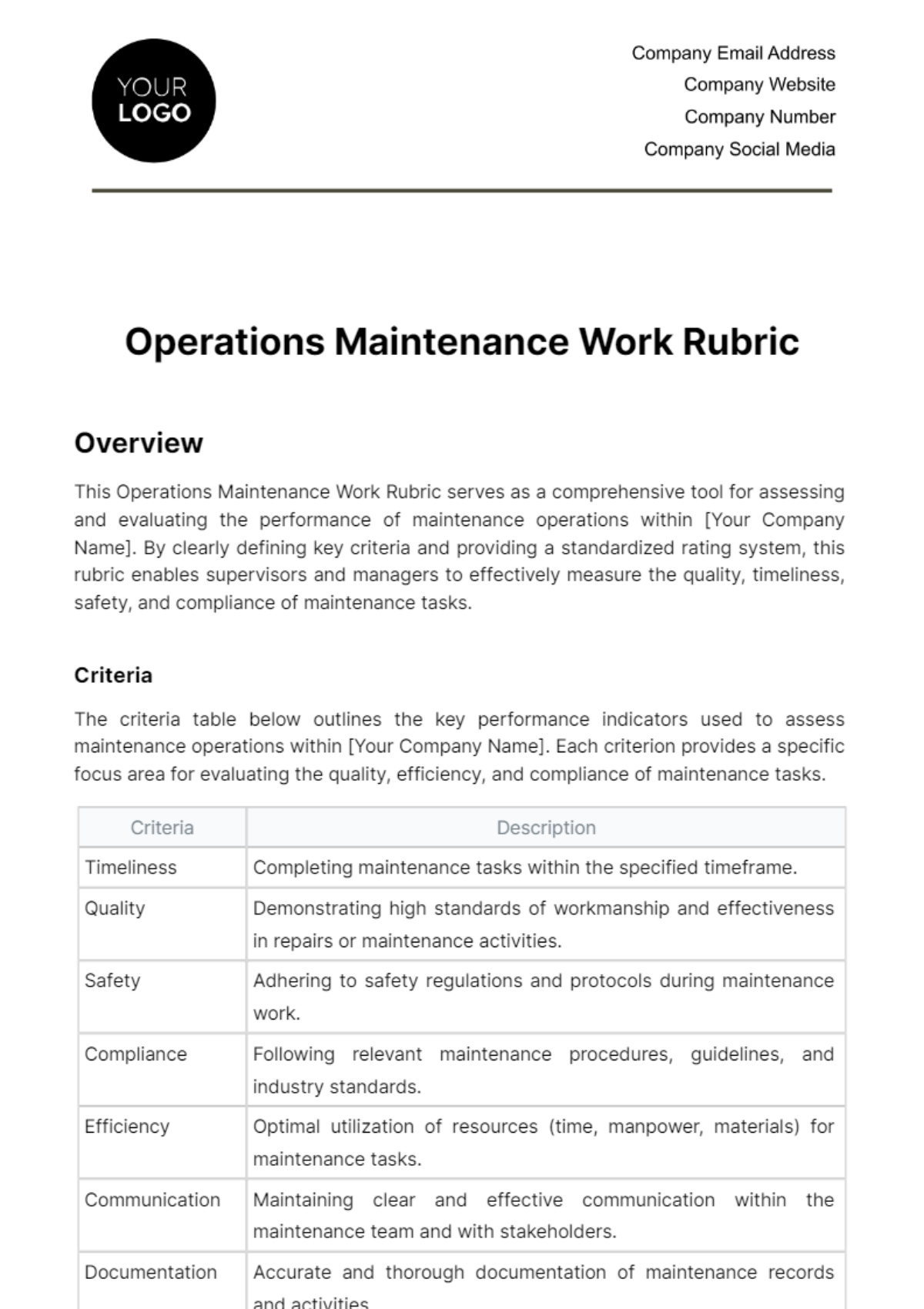 Free Operations Maintenance Work Rubric Template