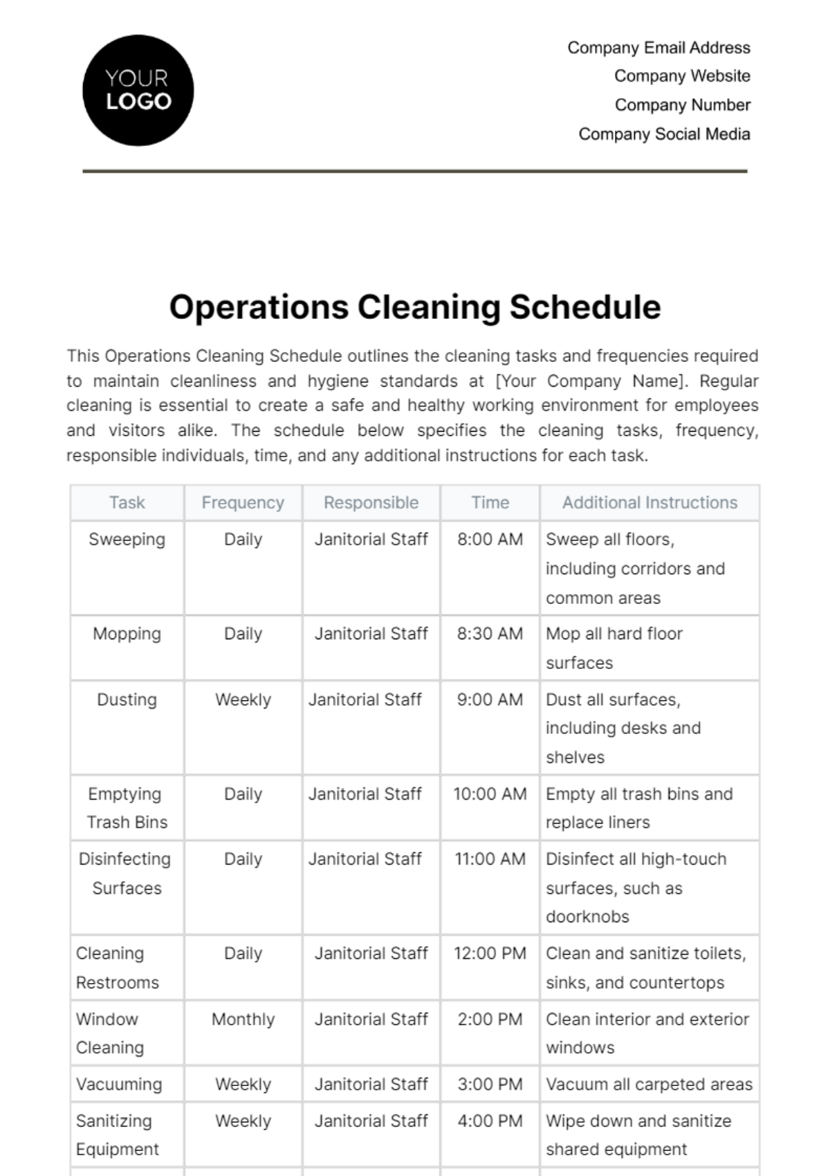 Operations Cleaning Schedule Template