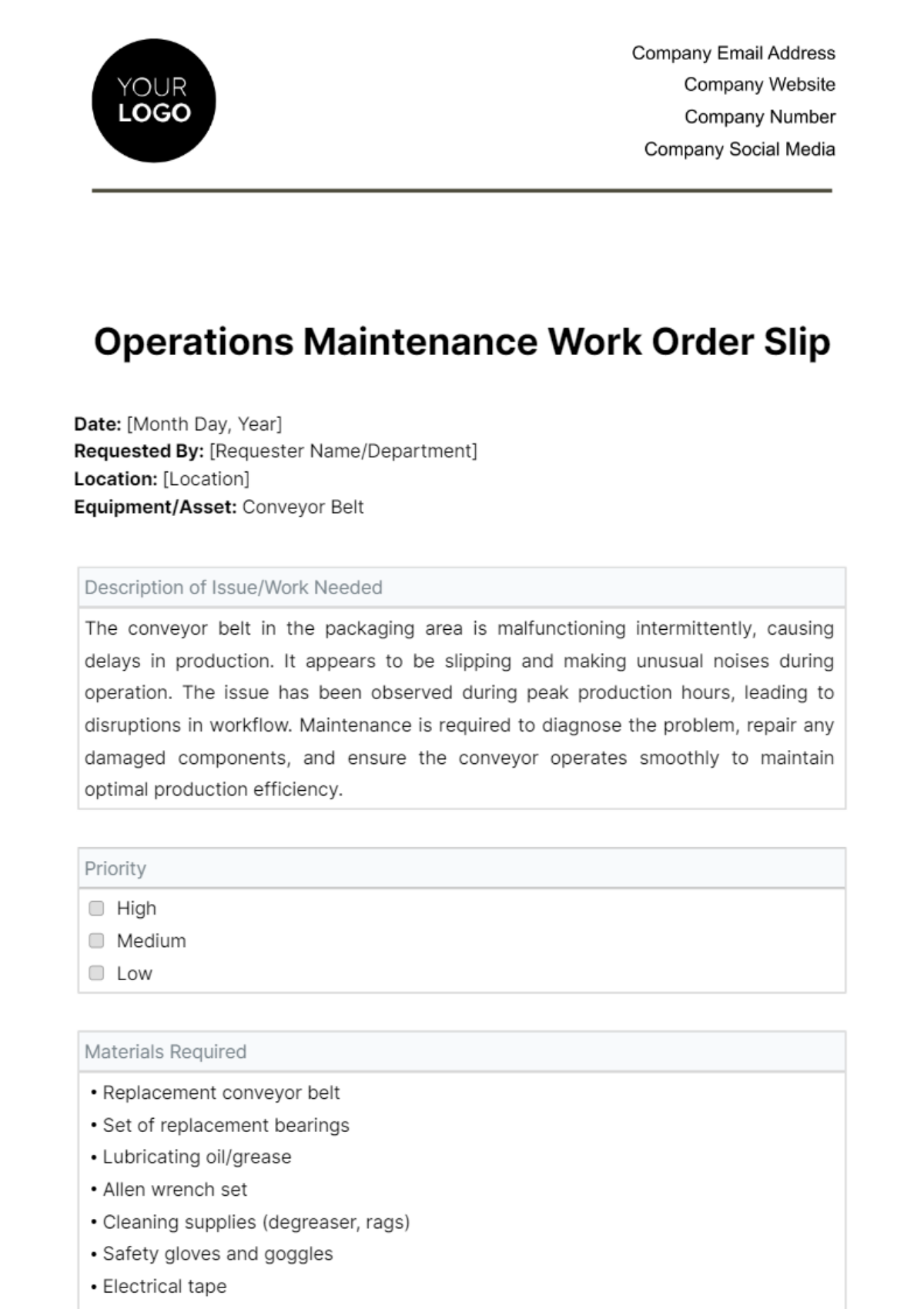 Operations Maintenance Work Order Slip Template
