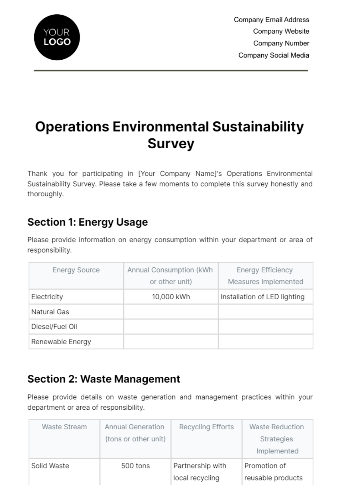 Free Operations Environmental Sustainability Survey Template