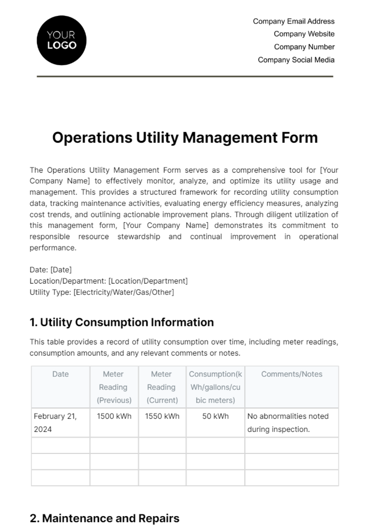 Free Operations Utility Management Form Template