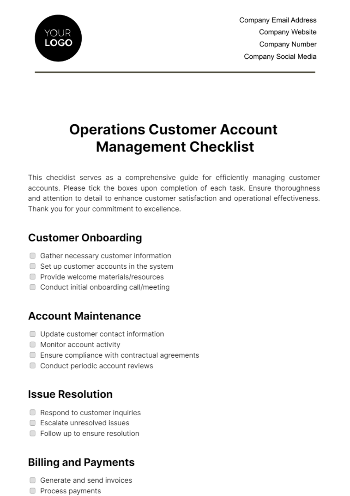 Operations Customer Account Management Checklist Template