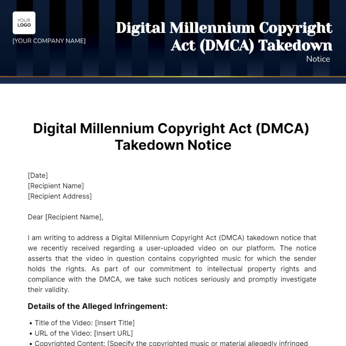 Digital Millennium Copyright Act (DMCA) Takedown Notice Template