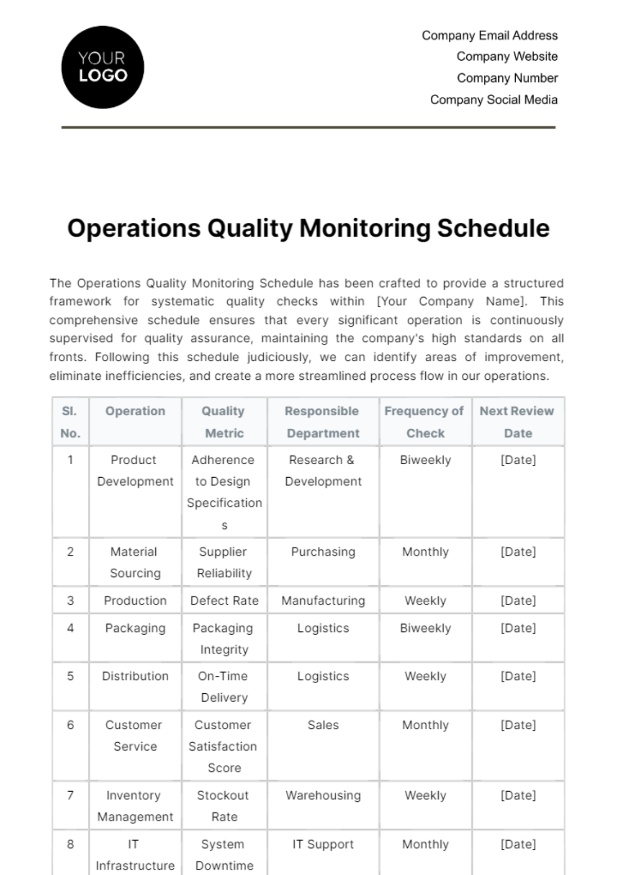 Free Operations Quality Monitoring Schedule Template