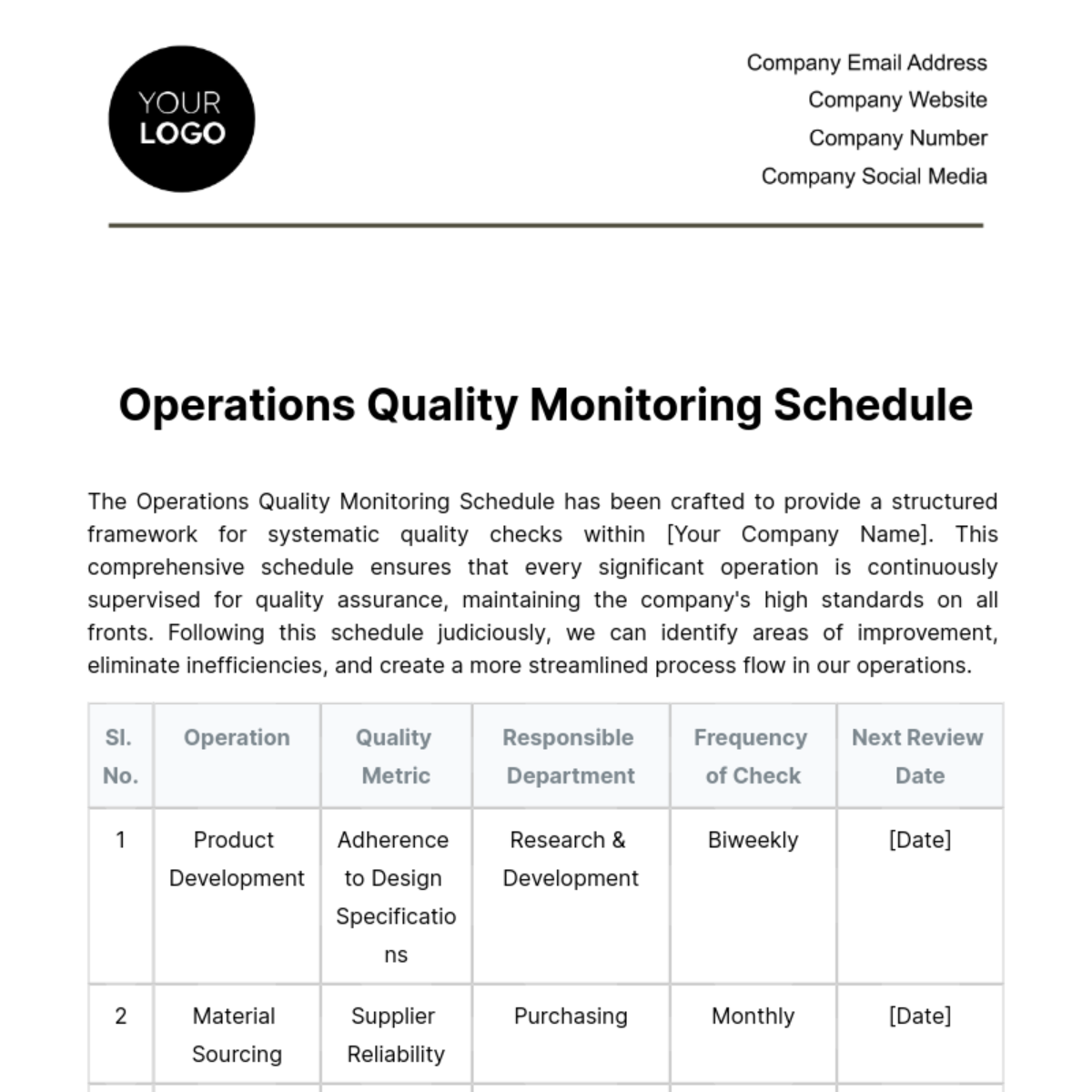 Operations Quality Monitoring Schedule Template - Edit Online & Download