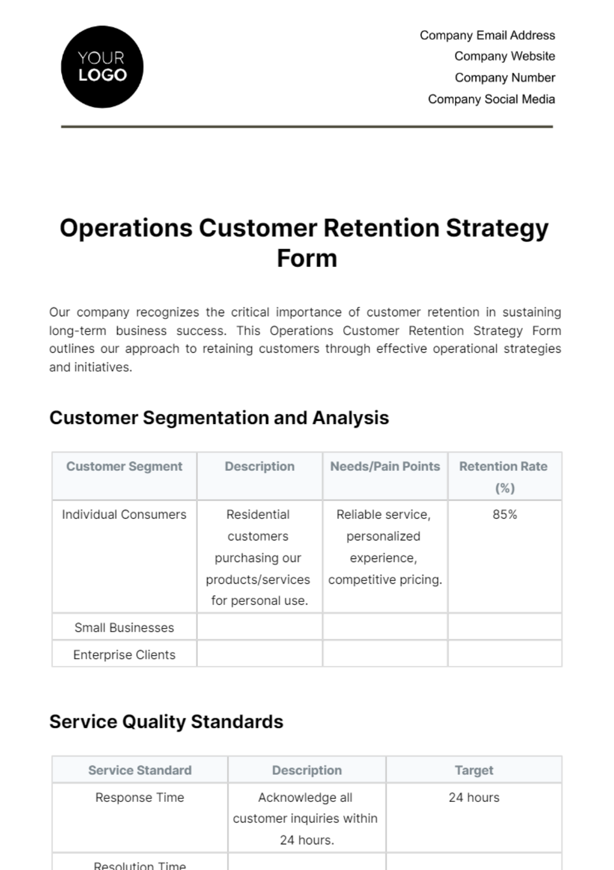 Operations Customer Retention Strategy Form Template