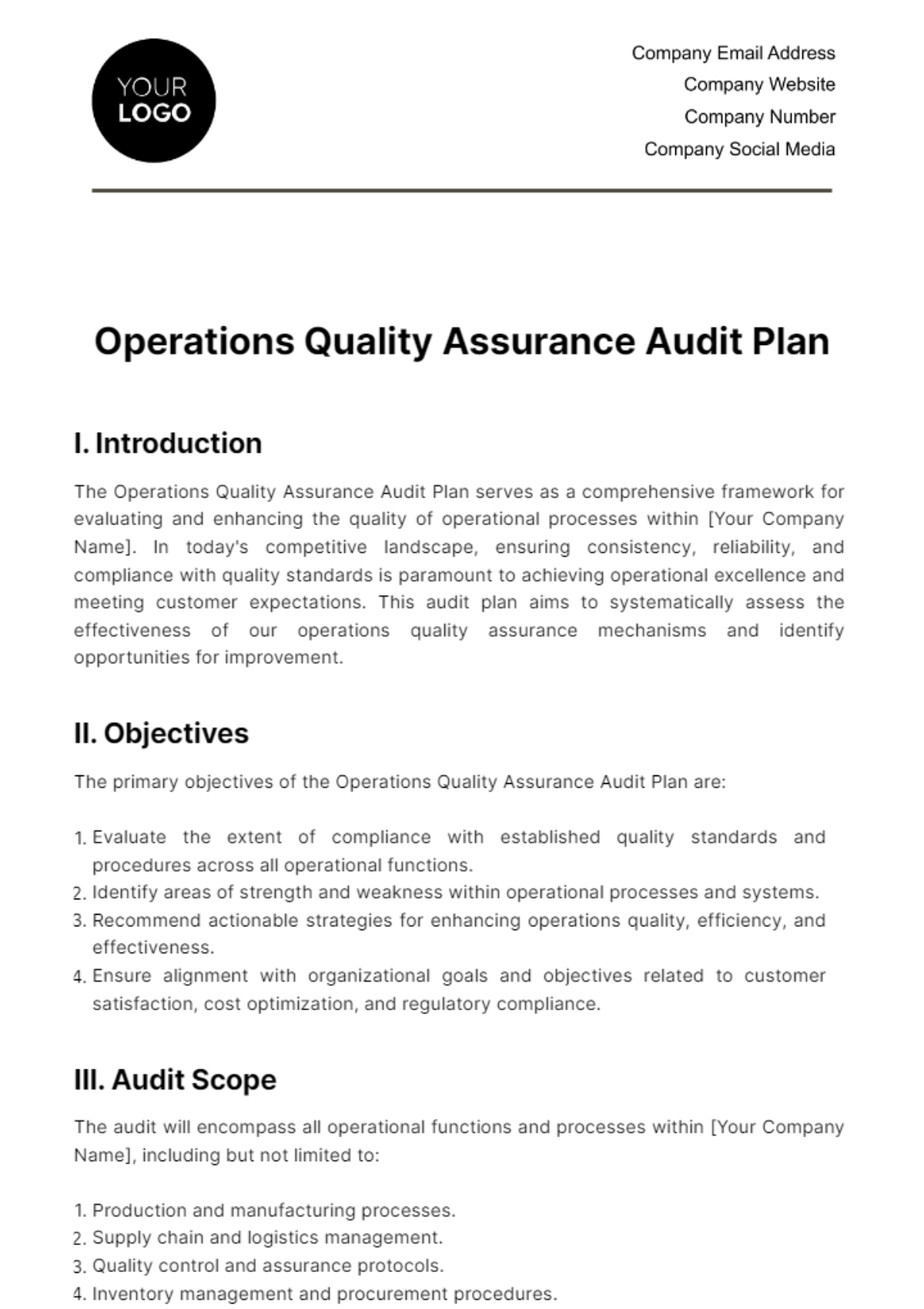 Operations Quality Assurance Audit Plan Template