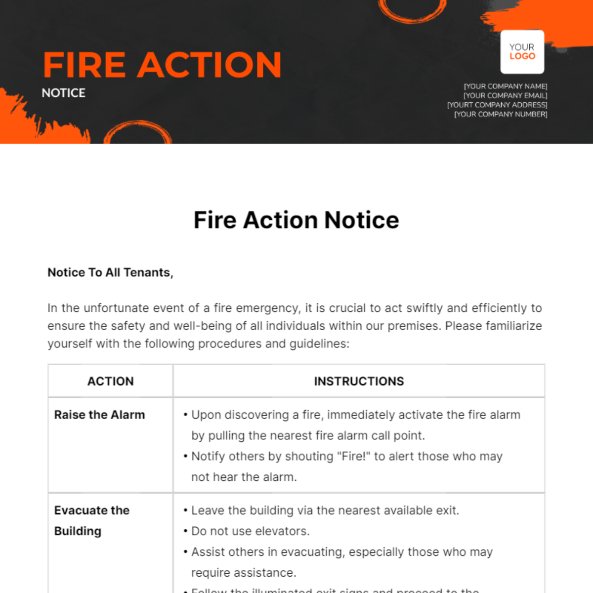Fire Action Notice Template