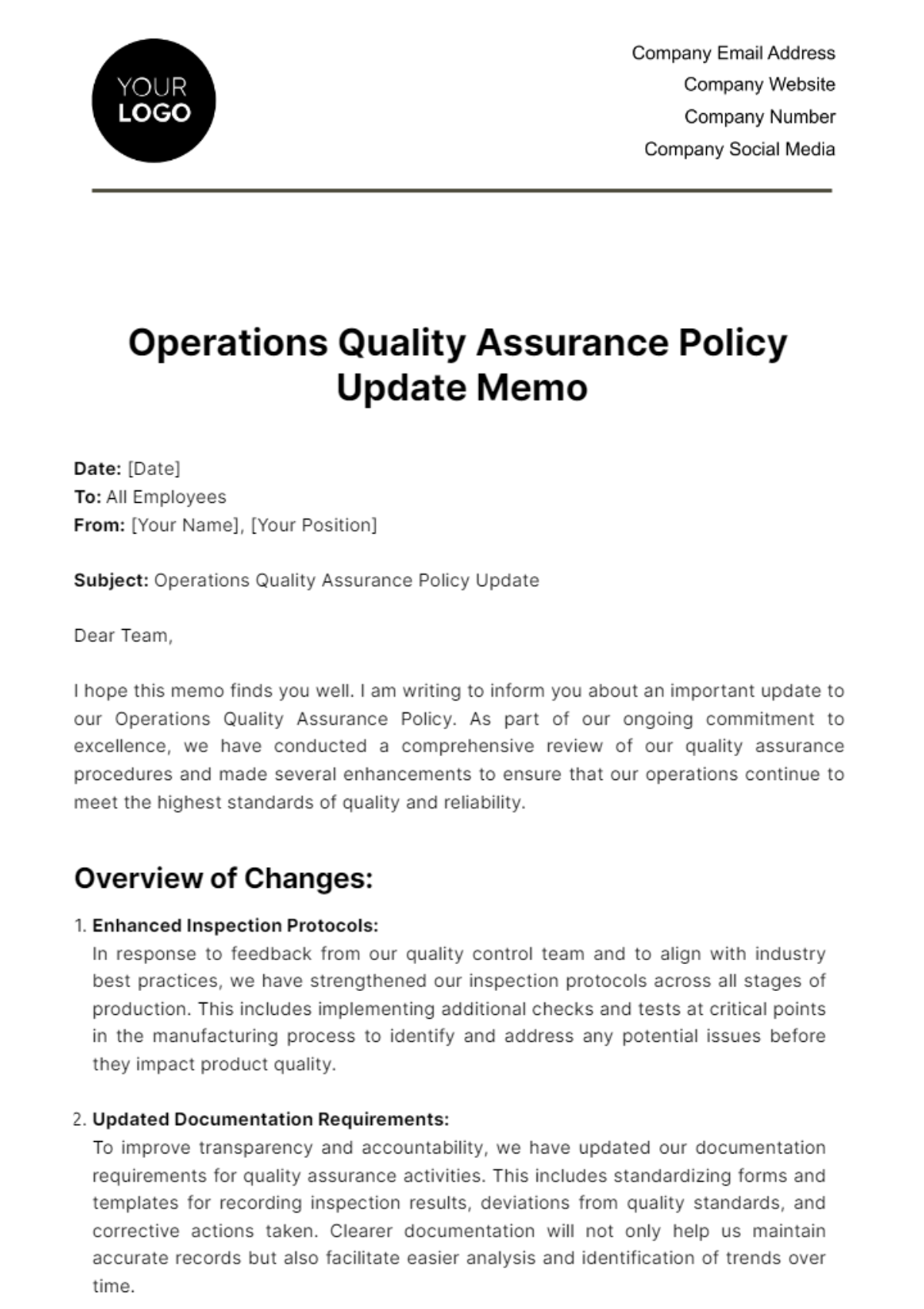 Operations Quality Assurance Policy Update Memo Template