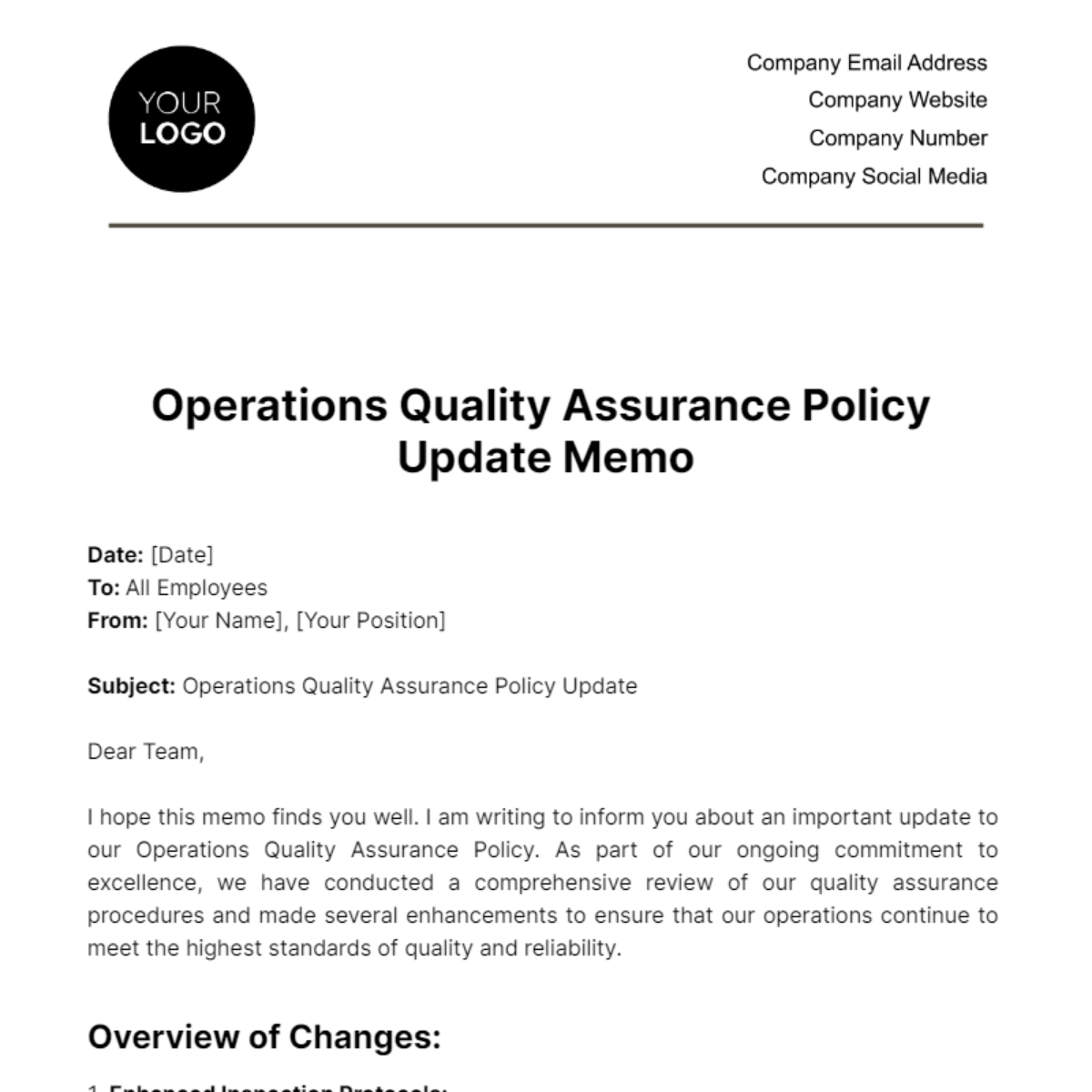 Operations Quality Assurance Policy Update Memo Template - Edit Online & Download