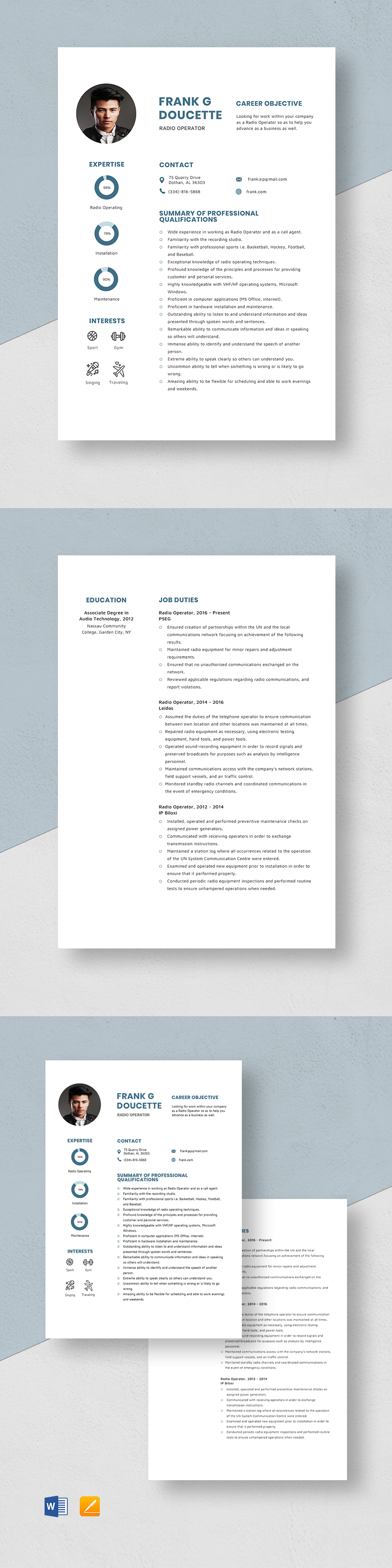 Radio Board Operator Resume Template Word, Apple Pages